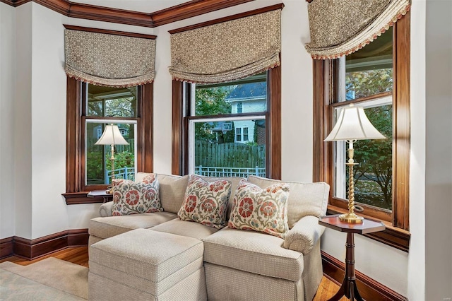 living room featuring wood-type flooring and ornamental molding