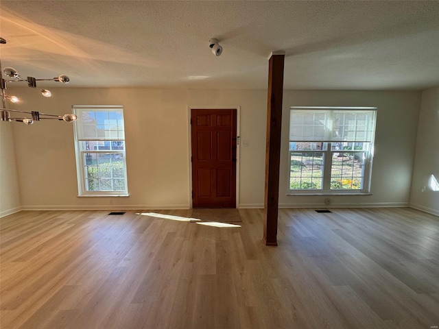 spare room featuring plenty of natural light, light wood-type flooring, and a textured ceiling