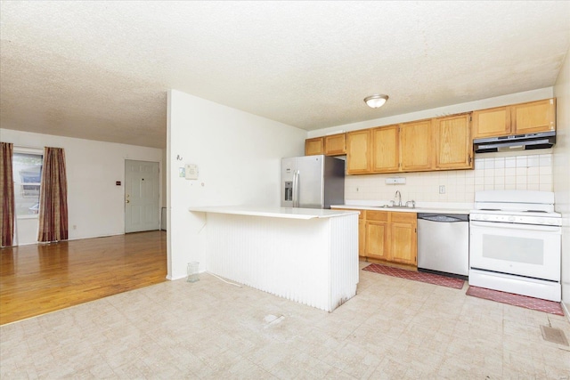 kitchen featuring decorative backsplash, kitchen peninsula, stainless steel appliances, sink, and light hardwood / wood-style flooring