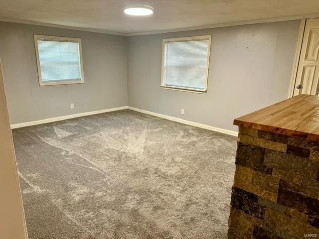 spare room featuring dark colored carpet and ornamental molding