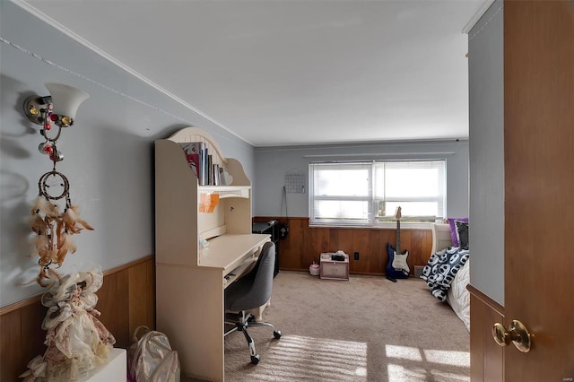 carpeted office with wood walls