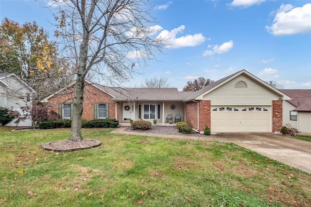 ranch-style house with a garage and a front lawn