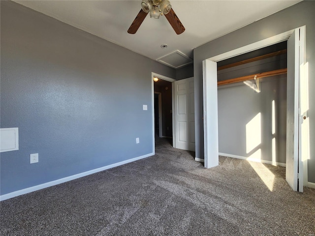 unfurnished bedroom featuring carpet flooring, a closet, and ceiling fan