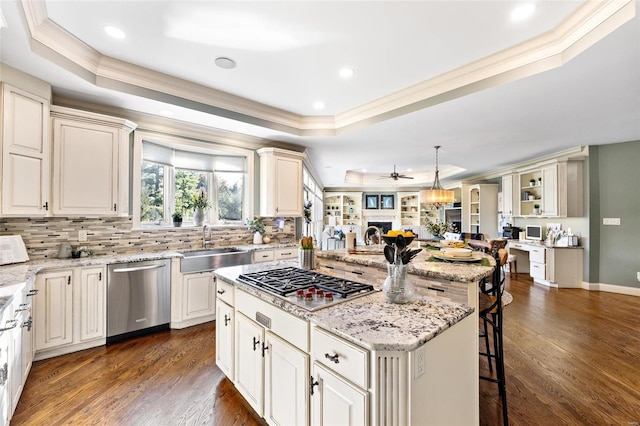 kitchen featuring a kitchen bar, stainless steel appliances, a kitchen island, and a tray ceiling