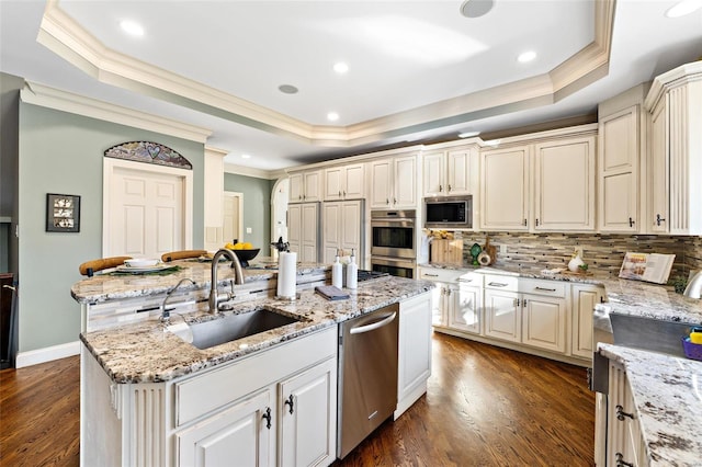 kitchen with sink, dark hardwood / wood-style flooring, a tray ceiling, a center island with sink, and appliances with stainless steel finishes