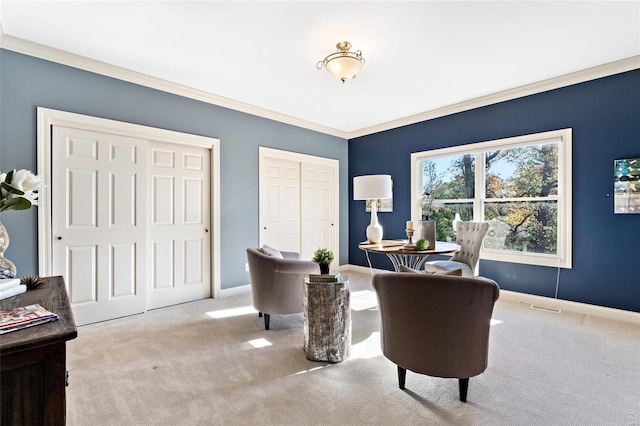 office area featuring crown molding and light colored carpet