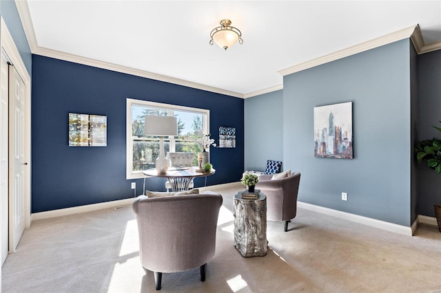 office with crown molding and light carpet