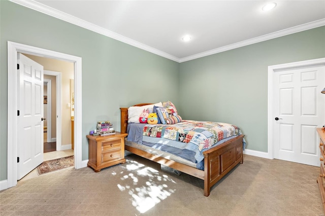 carpeted bedroom with crown molding