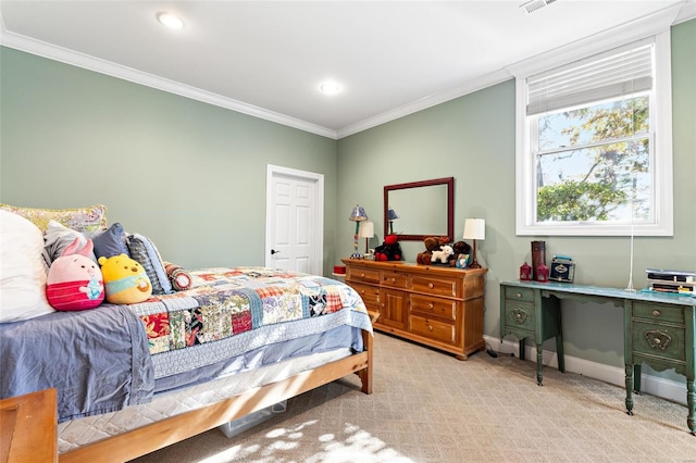 bedroom featuring light colored carpet and ornamental molding