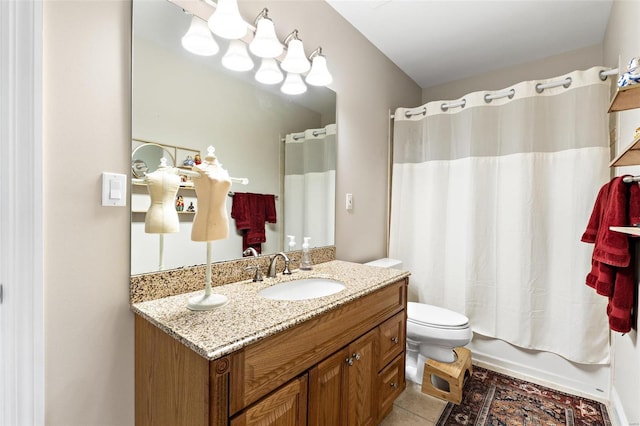 full bathroom with tile patterned flooring, vanity, toilet, and shower / bathtub combination with curtain