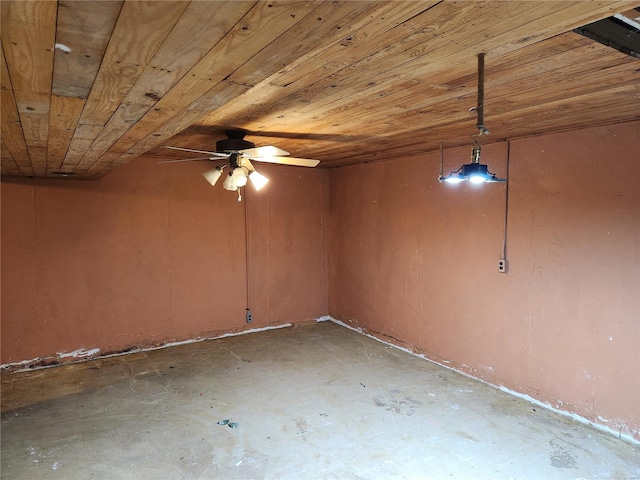 empty room featuring concrete floors, ceiling fan, and wooden ceiling