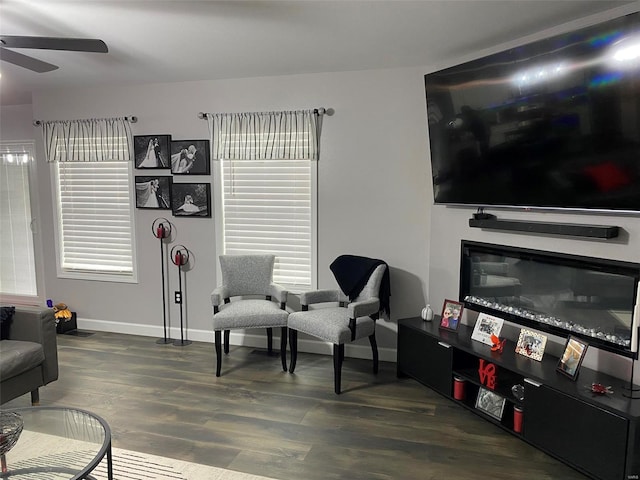 living room with dark hardwood / wood-style flooring and ceiling fan