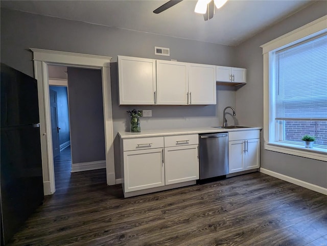 kitchen featuring white cabinets, dark hardwood / wood-style flooring, stainless steel dishwasher, and sink