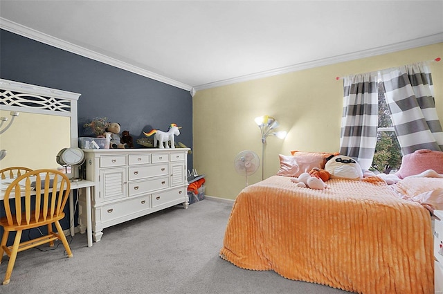 carpeted bedroom featuring ornamental molding