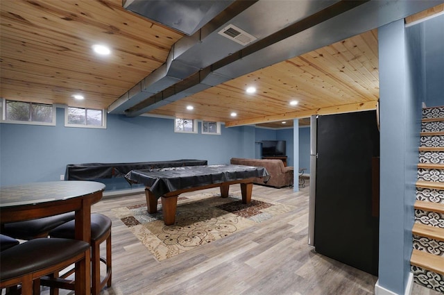 recreation room with light hardwood / wood-style flooring, wooden ceiling, and billiards