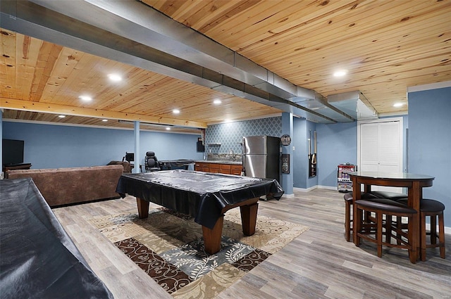 playroom with light wood-type flooring, sink, billiards, and wooden ceiling