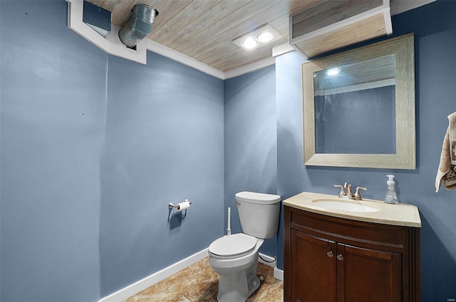 bathroom featuring vanity, toilet, wooden ceiling, and crown molding