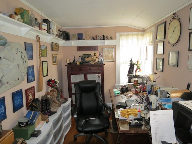 office area with vaulted ceiling and ornamental molding