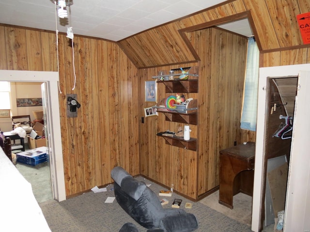 interior space with wood walls, light carpet, and vaulted ceiling