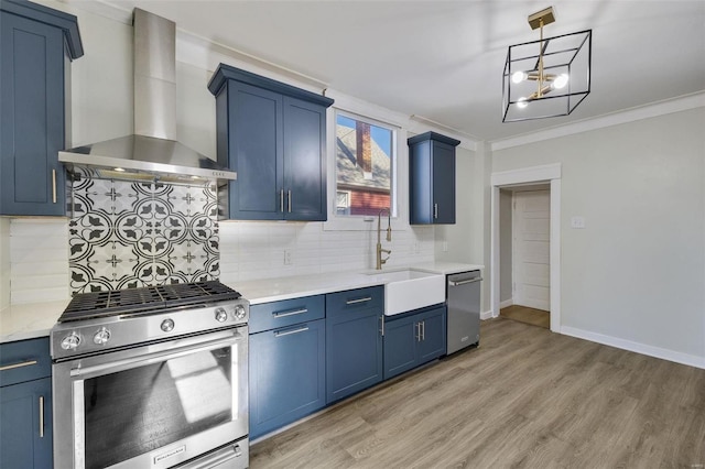 kitchen with backsplash, stainless steel appliances, light hardwood / wood-style flooring, and wall chimney exhaust hood