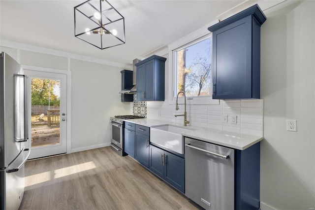 kitchen featuring blue cabinetry, light hardwood / wood-style floors, sink, and stainless steel appliances