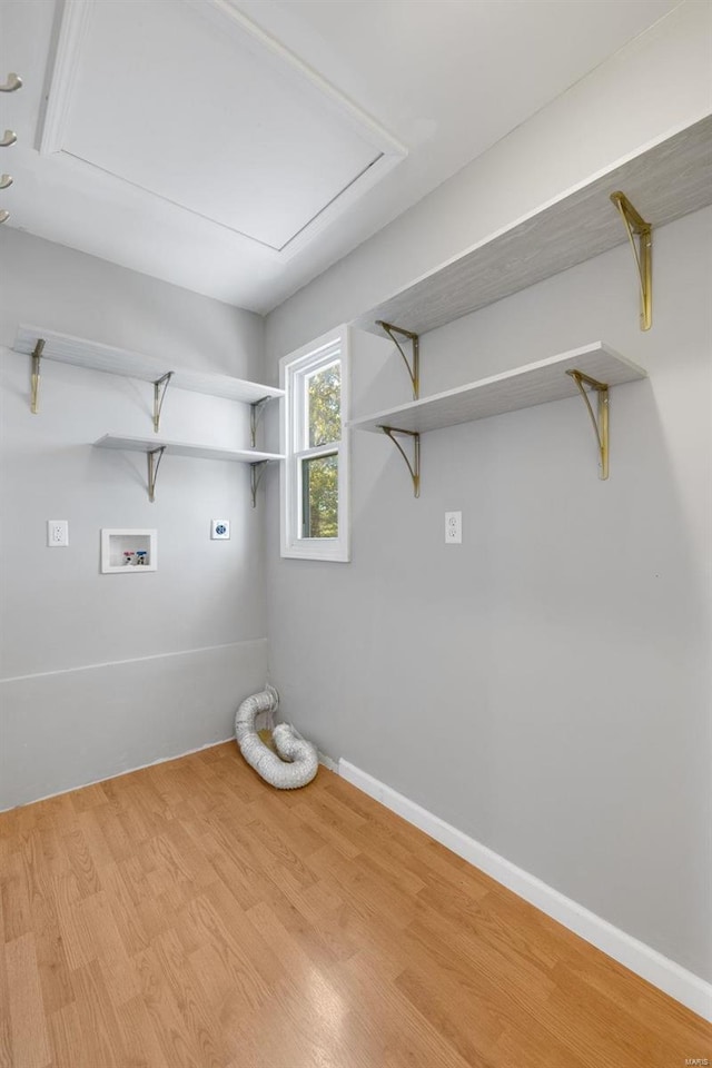 laundry area featuring hookup for an electric dryer, light hardwood / wood-style floors, and washer hookup