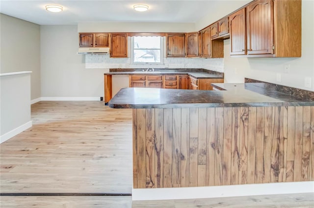 kitchen with kitchen peninsula, sink, and light wood-type flooring