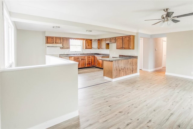 kitchen featuring ceiling fan, light hardwood / wood-style floors, and kitchen peninsula