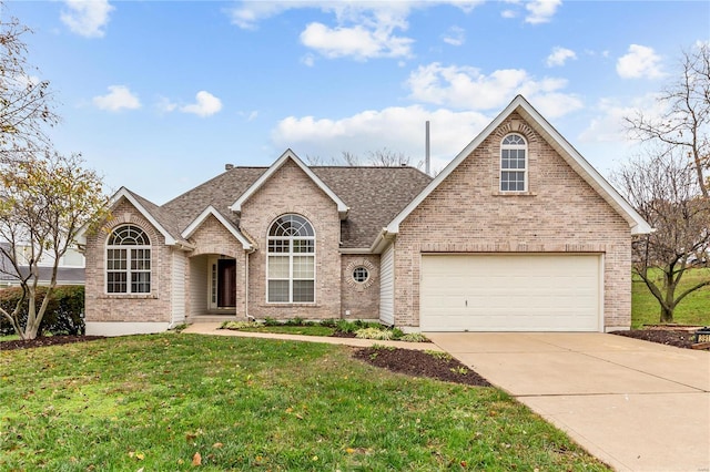 view of front of property featuring a front lawn and a garage