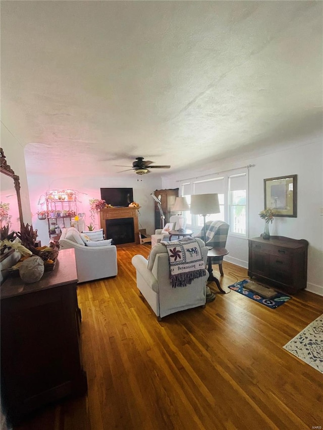 living room with hardwood / wood-style floors and ceiling fan