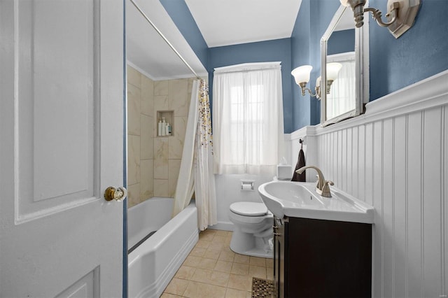 full bathroom featuring vanity, an inviting chandelier, tile patterned floors, toilet, and shower / tub combo