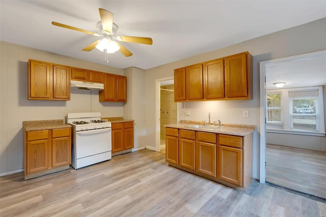 kitchen featuring light wood-type flooring, ceiling fan, white gas stove, and sink