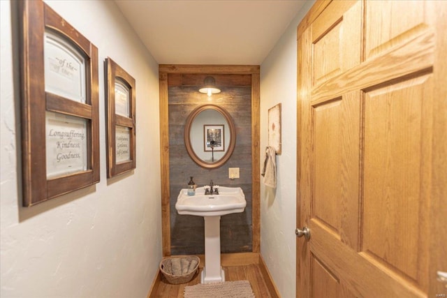 bathroom with hardwood / wood-style flooring