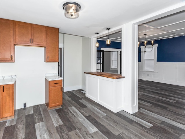 kitchen with butcher block countertops, dark hardwood / wood-style floors, and decorative light fixtures