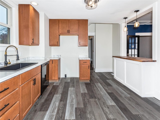 kitchen with dishwasher, dark hardwood / wood-style floors, hanging light fixtures, and sink