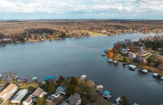 drone / aerial view with a water view