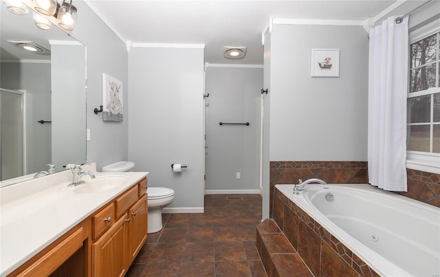 bathroom featuring vanity, a relaxing tiled tub, toilet, and ornamental molding