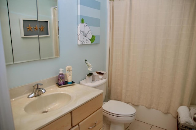 full bathroom featuring tile patterned flooring, shower / bath combo, toilet, and vanity