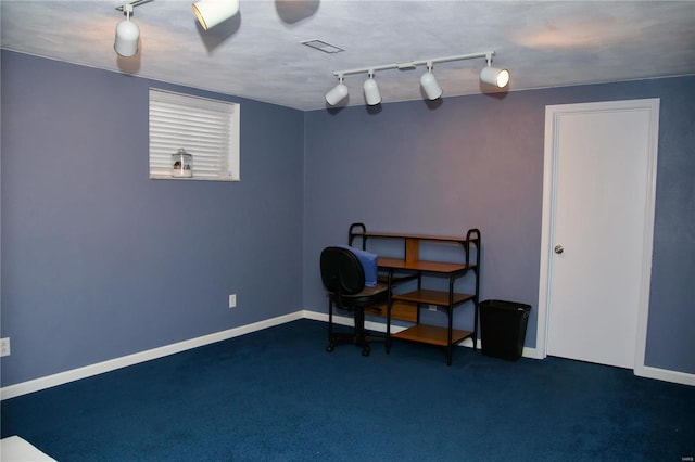 interior space featuring dark colored carpet and rail lighting