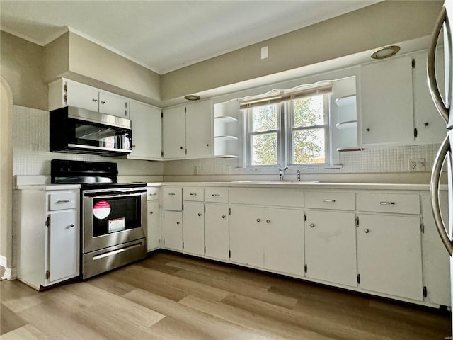 kitchen featuring white cabinets, sink, decorative backsplash, light wood-type flooring, and stainless steel appliances