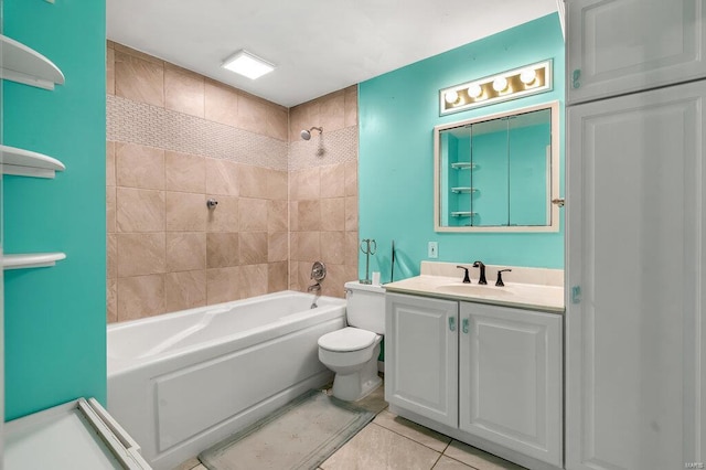 bathroom featuring vanity, shower / bath combination, tile patterned flooring, and toilet