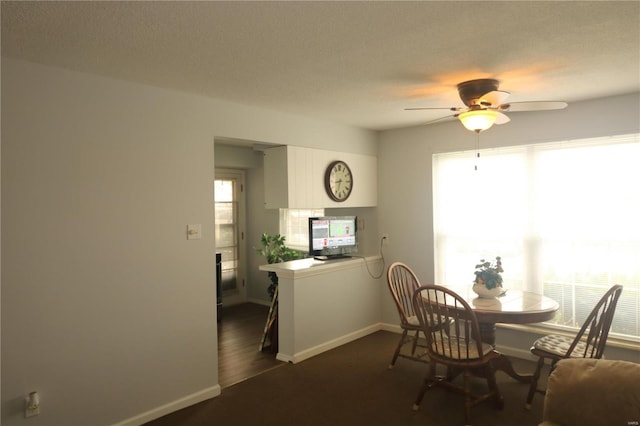 dining space featuring ceiling fan, dark hardwood / wood-style flooring, and a textured ceiling