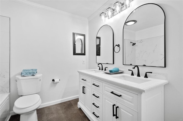 full bathroom with shower / bathing tub combination, vanity, ornamental molding, and toilet