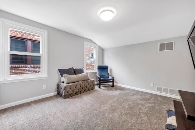 living area with carpet floors and vaulted ceiling