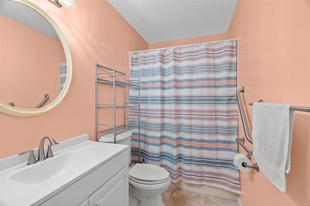 bathroom with tile patterned floors, a textured ceiling, vanity, toilet, and a shower with shower curtain