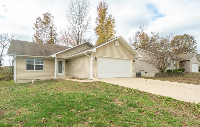 single story home featuring a garage, a front lawn, and cooling unit