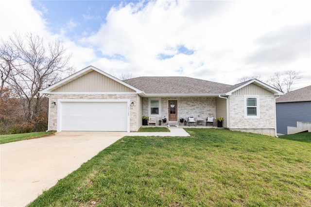 ranch-style house with a garage and a front yard