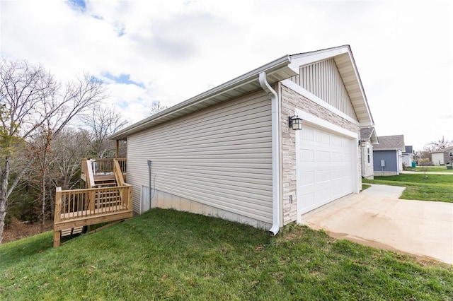 view of home's exterior with a lawn and a wooden deck