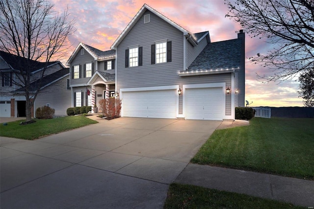 front of property featuring a yard and a garage