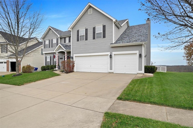 view of front property featuring a front yard and a garage